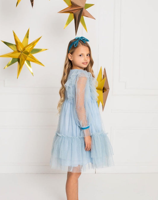 Patachou Girls Pale Blue Dotted Tulle Dress